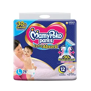 MamyPoko Pants Extra Absorb Baby Diapers Large (L) 74 Count 9-14 Kg