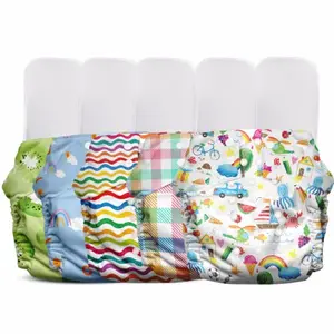 NAPPERS by Mother Sparsh Free Size Cloth Diaper for Babies | Washable & Reusable | with 1200+ GSM Dry Feel Absorbent Soaker Pad | Pack of 5 (Kiwi Doodle Spring Cheeky Rainbow)