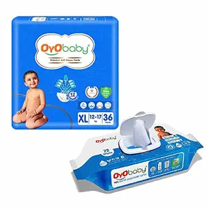 OYO BABY Baby Gentle Wet Wipes with Aloe Vera 72 Wipes and OYO BABY All round Protection Pants Extra-Large size baby diapers 36 Count Anti Rash diapers Lotion with Aloe Vera