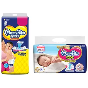 MamyPoko Tape Diapers New Born mini Pack of 30 & MamyPoko Pants Standard Diaper - Large size (Pack of 30)Clear