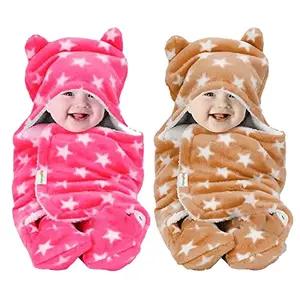 OYO BABY Baby Blankets New Born Combo Pack of Super Soft Baby Wrapper Baby Sleeping Bag for Baby Boys Baby Girls Babies (Star Beige + Star Pink)