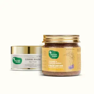Mother Sparsh Turmeric Skin Care Combo | With Kashmiri Saffron Face Ubtan 75g | Healing Day Cream 40g | For Dark Spots Hyper Pigmentation & Radiant Complexion
