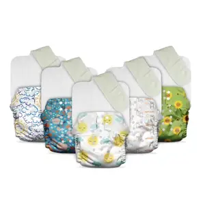 Mother Sparsh Plant Powered Cloth Diaper for Babies-Free Size | Medical Grade Fabric with 100% Organic Cotton | 13 Layer Breathable Soaker With Built-In Booster Pad | Pack of 5 (BCute+Pebble+SSun+Sflower+Cloud)