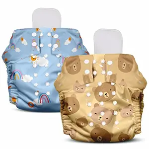 NAPPERS by Mother Sparsh Free Size Cloth Diaper for Babies |Washable & Adjustable| with Dry Feel Absorbent Soaker Pad | Pack of 2 (SpringTeddy)