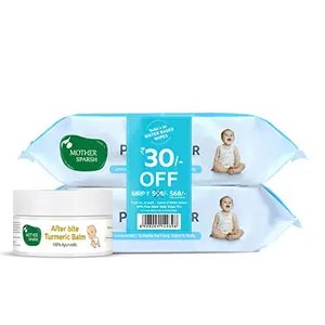 Mother Sparsh 99% Pure Water (Unscented) Baby Wipes- Super Thick I 72 pcs/Pack - Pack of 2 + After Bite Turmeric Balm for Rashes and Mosquito Bites