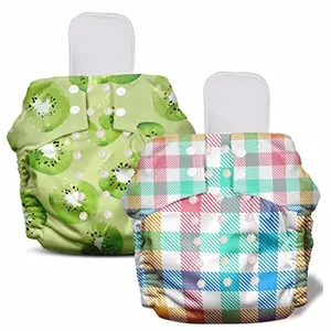 NAPPERS By Mother Sparsh Free Size Cloth Diaper For Babies | Washable & Reusable | With 1200+ GSM Dry Feel Absorbent Soaker Pad | Pack of 2 (Checker & Kiwi)
