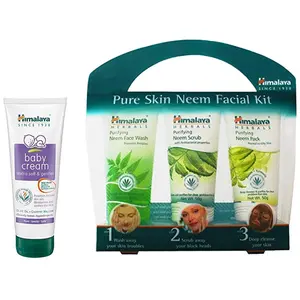 Himalaya Baby Cream Face Moisturizer & Day Cream for Dry Skin 200ml & Pure Skin Neem Facial Kit (Facewash 50ml Scrub 50g & Face Pack 50g)