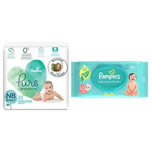 Pampers Pure Protection Baby Diapers Newborn (Size 1 NB) 32 Count & Pampers Baby Aloe Wipes with Lid 72 Wipes