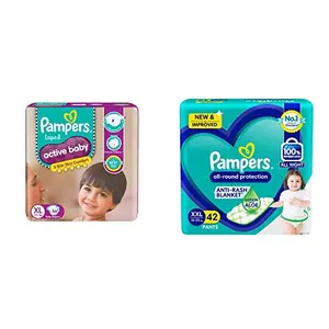 Pampers Active Baby Taped Diapers Extra Large size diapers (XL) 56 count & All round Protection Pants Double Extra Large size baby diapers (XXL) 42 Count Lotion with Aloe Vera