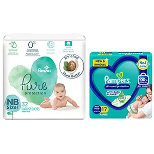 Pampers Pure Protection Baby Diapers (Size 1 NB) 32 Count & All round Protection Pants (NB/XS) 17 Count