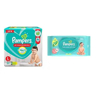 Pampers All round Protection Pants Large size baby diapers (L) 64 Count Lotion with Aloe Vera & Pampers Baby Aloe Wipes with Lid 72 Wipes