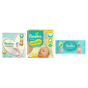 Pampers Premium Care Pants Medium size baby diapers (MD) 16 Count & Pampers Active Baby Diapers (NB XS) size 24 Count Taped style diaper & Pampers Baby Aloe Wipes with Lid 72 Wipes