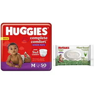 Huggies Wonder Pants Medium Size Diapers (7-12 kg) 50 Count & Huggies Baby Wipes - Cucumber & Aloe (72 Count)