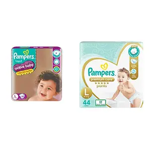 Pampers Active Baby Taped Diapers Large size diapers (L) 50 count taped style custom fit & Pampers Premium Care Pants Large size baby diapers (L) 44 Count Softest ever Pampers pants