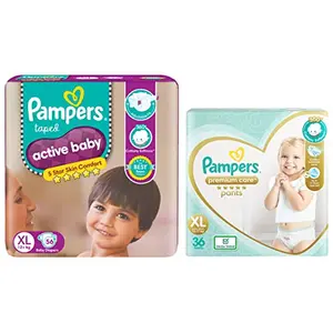 Pampers Active Baby Taped Diapers Extra Large size diapers (XL) 56 count taped style custom fit & Premium Care Pants Extra Large size baby diapers (XL) 36 Count Softest ever Pampers pants