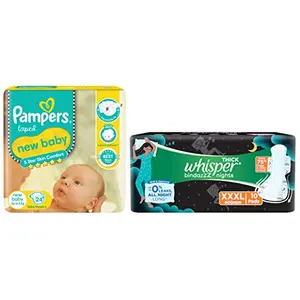 Pampers Active Baby Diapers New Born Extra Small (NB XS) size 24 Count Taped style diaper & Whisper Bindazzz Night Sanitary Pads For Women XXX-Large Pack of 10 Napkins