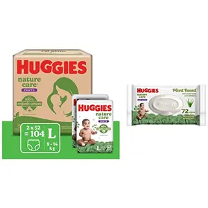 Huggies Nature Care Pants Monthly Pack Large Size Diaper Pants 104 Count & Huggies Baby Wipes - Cucumber & Aloe (72 Count)