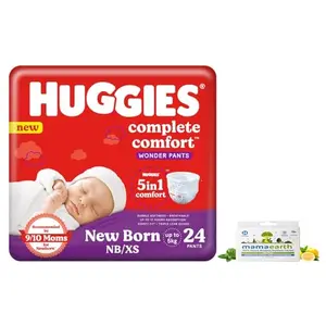 Huggies Complete Comfort Wonder Pants Extra Small (XS) Size Baby Diaper Pants (24 count) & Mamaearth Natural Repellent Mosquito Patches For Babies with 12 Hour ProtectionWhitePack of 1