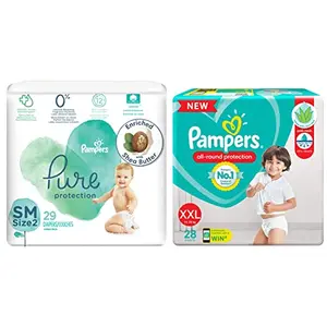 Pampers Pure Protection Baby Diapers Small Size Taped Diapers (SM) 29 Count & Pampers All round Protection Pants Double Extra Large size baby Diapers (XXL) 28 Count