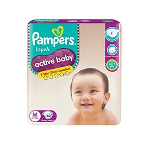 Pampers Active Baby Tape Style Diapers Medium (M) Size 62 Count Adjustable Fit with 5 star skin protection 6-11kg Diapers