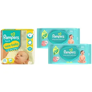 Pampers Baby Gentle Wet Wipes with Aloe Vera 144 Wipes and Pampers Active Baby Diapers New Born Extra Small (NB XS) size 24 Count Taped style diaper