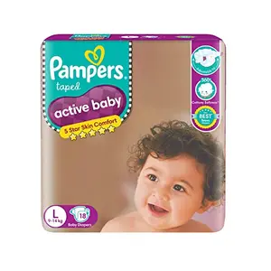 Pampers Active Baby Tape Style Diapers Large (L) Size 18 Count Adjustable Fit with 5 star skin protection 9-14kg Diapers