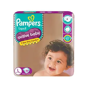 Pampers Active Baby Tape Style Diapers Large (L) Size 50 Count Adjustable Fit with 5 star skin protection 9-14kg Diapers