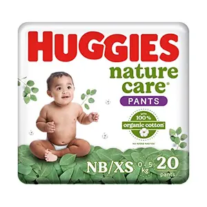 Huggies Nature Care Pants New Born/Extra Small Size (Upto 5 kgs) Premium Baby Diaper Pants 20 Count Made with 100% Organic Cotton