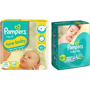 Pampers Active Baby Diapers New Born 24 Count & Pampers Baby Dry Diapers New Born 22 Count