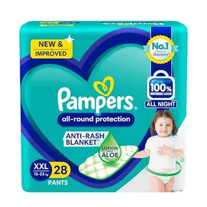 Pampers All round Protection Pants Style Baby Diapers XX-Large (XXL) Size 28 Count Anti Rash Blanket Lotion with Aloe Vera 15-25kg Diapers