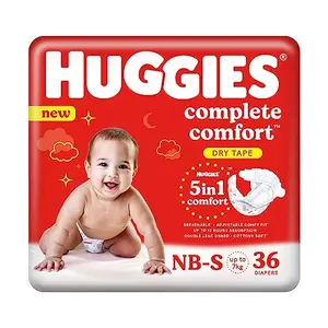 Huggies Complete Comfort Dry Tape Newborn - Small (NB-S) Size Baby Tape Diapers 36 count with 5 in 1 Comfort