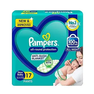 Pampers All round Protection Pants New Born Extra Small size baby diapers (NB/XS) 17 Count Lotion with Aloe Vera