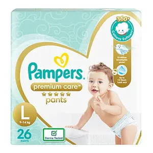 Pampers Premium Care Pants Style Baby Diapers Large (L) Size 26 Count All-in-1 Diapers with 360 Cottony Softness 9-14kg Diapers