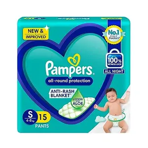 Pampers All round Protection Pants Small size baby Diapers (S) 15 Count Lotion with Aloe Vera