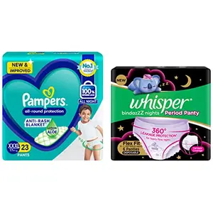 Pampers All round Protection Pants Extra Extra Extra Large size baby diapers (XXXL) 23 Count Lotion with Aloe Vera & Whisper Bindazzz Nights Period Panties for women and girls Pack of 6 Pants
