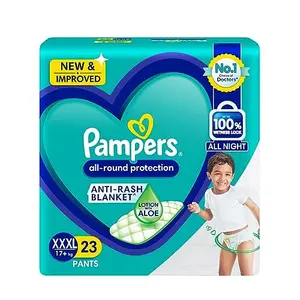 Pampers All round Protection Pants Style Baby Diapers XXX-Large (XXXL) Size 23 Count Anti Rash Blanket Lotion with Aloe Vera 17+ kgs Diapers