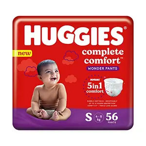 Huggies Complete Comfort Wonder Pants Small (S) Size Baby Diaper Pants (56 count) with 5 in 1 Comfort