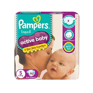 Pampers Active Baby Tape Style Diapers Small (S) Size 92 Count Adjustable Fit with 5 star skin protection 3-8kg Diapers