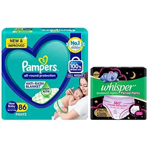 Pampers All round Protection Pants New Born Extra Small size baby diapers (NBXS) 86 Count Lotion with Aloe Vera & Whisper Bindazzz Nights Period Panties for women and girls Pack of 6 Pants