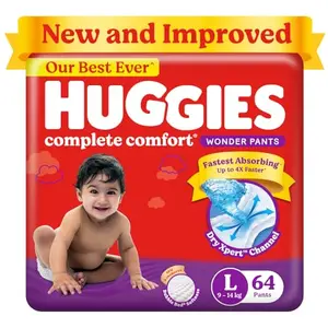 Huggies Complete Comfort Wonder PantsLarge (L) Size Baby Diaper Pants(64 count) (9-14Kg) with 5 in 1 Comfort