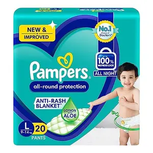 Pampers All round Protection Pants Large size baby Diapers (L) 20 Count9-14 kg Lotion with Aloe Vera