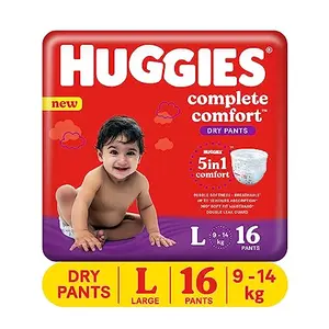 Huggies Complete Comfort Dry Pants Large (L) Size Baby Diaper Pants 16 count with 5 in 1 Comfort