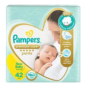 Pampers Premium Care Pants New Born/Extra Small (NB/XS) Size 42 Count Pant Style Baby Diapers All-in-1 Diapers with 360 Cottony Softness Up to 5kg Diapers