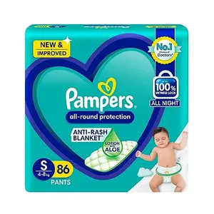 Pampers All round Protection Pants Style Baby Diapers Small (S) Size 86 Count Anti Rash Blanket Lotion with Aloe Vera 4-8kg Diapers
