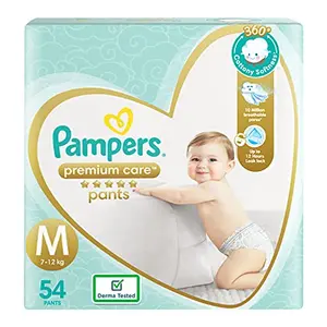 Pampers Premium Care Pants Style Baby Diapers Medium (M) Size 54 Count All-in-1 Diapers with 360 Cottony Softness 7-12kg Diapers
