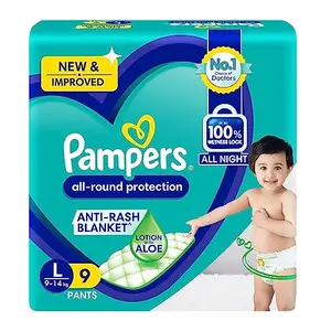 Pampers All round Protection Pants Large size baby Diapers (9-14kg) 9 Count Lotion with Aloe Vera