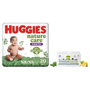 Huggies Nature Care Pants for Babies Extra Small (XS) Size Baby Premium Diaper Pants 20 Count & Mamaearth Natural Repellent Mosquito Patches For Babies with 12 Hour ProtectionWhitePack of 1
