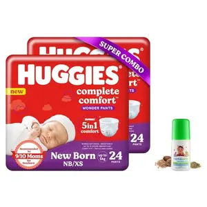 Huggies Complete Comfort Wonder Pants Extra Small (XS) Combo Pack of 2 24 count Per Pack (48 count) & Mamaearth Easy Tummy Roll On Oil - 40ml