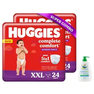 Huggies Complete Comfort Wonder Pants Double Extra Large (XXL) Size Baby Diaper Pants Combo Pack of 2 24 count Per Pack (48 count) & Mamaearth Deeply nourishing natural baby wash (400 ml 0-5 Yrs)