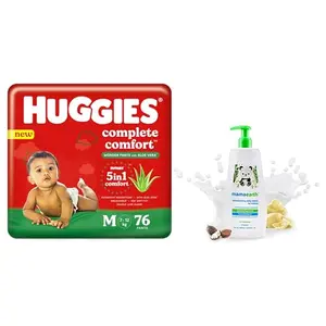 Huggies Complete Comfort Wonder Pants with Aloe Vera Medium (M) size baby Diaper Pants 76 count & Mamaearth Daily Moisturizing Natural Baby Lotion (400 ml)